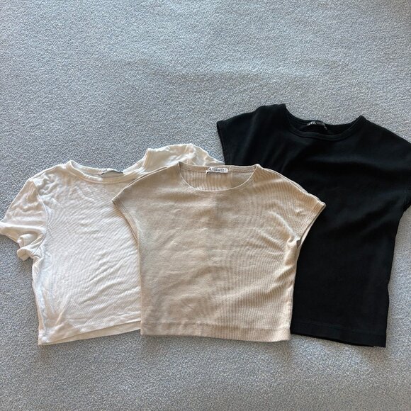 3 Zara Basic Tops—White, Black, Tan - Picture 1 of 7